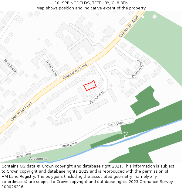 10, SPRINGFIELDS, TETBURY, GL8 8EN: Location map and indicative extent of plot