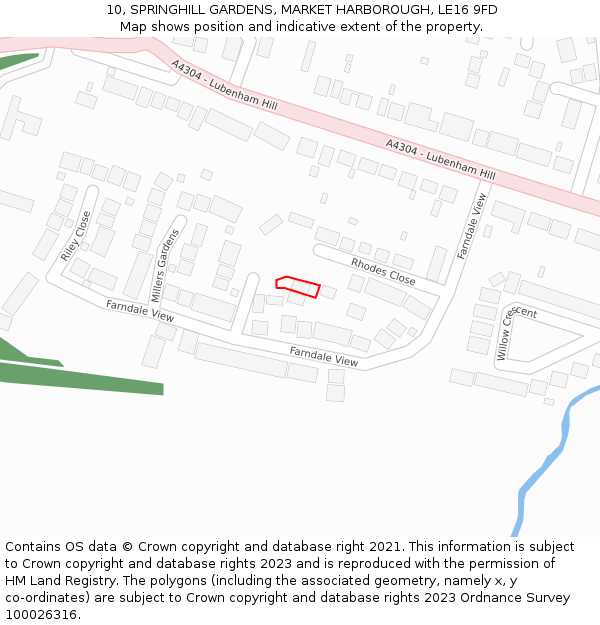 10, SPRINGHILL GARDENS, MARKET HARBOROUGH, LE16 9FD: Location map and indicative extent of plot