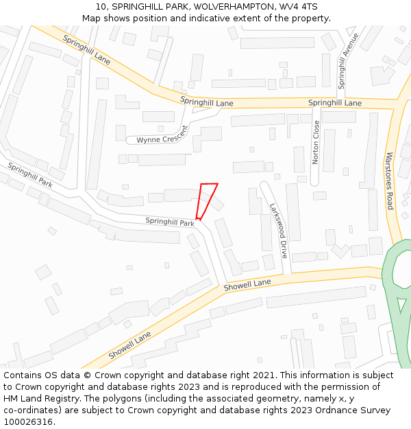 10, SPRINGHILL PARK, WOLVERHAMPTON, WV4 4TS: Location map and indicative extent of plot