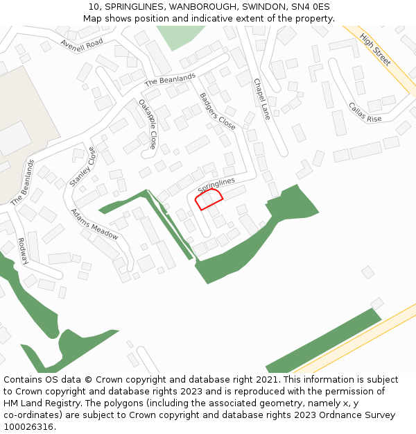 10, SPRINGLINES, WANBOROUGH, SWINDON, SN4 0ES: Location map and indicative extent of plot