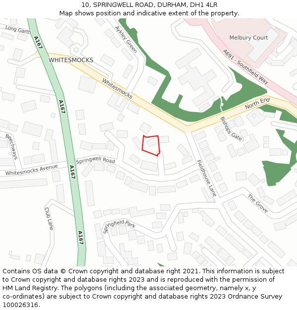 10, SPRINGWELL ROAD, DURHAM, DH1 4LR: Location map and indicative extent of plot