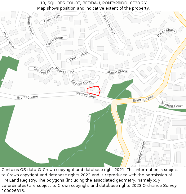 10, SQUIRES COURT, BEDDAU, PONTYPRIDD, CF38 2JY: Location map and indicative extent of plot