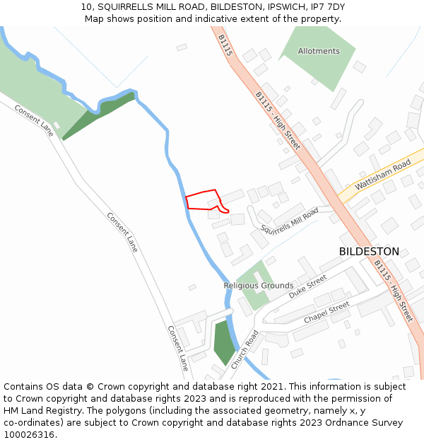 10, SQUIRRELLS MILL ROAD, BILDESTON, IPSWICH, IP7 7DY: Location map and indicative extent of plot