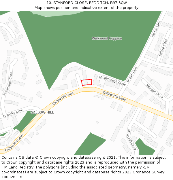 10, STANFORD CLOSE, REDDITCH, B97 5QW: Location map and indicative extent of plot