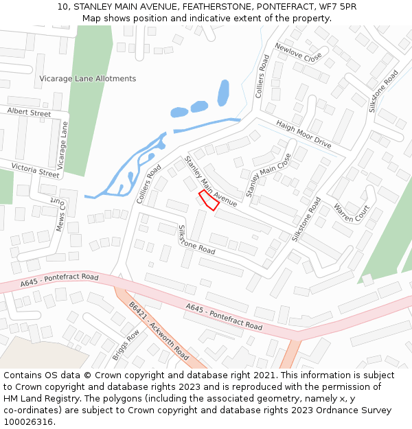 10, STANLEY MAIN AVENUE, FEATHERSTONE, PONTEFRACT, WF7 5PR: Location map and indicative extent of plot