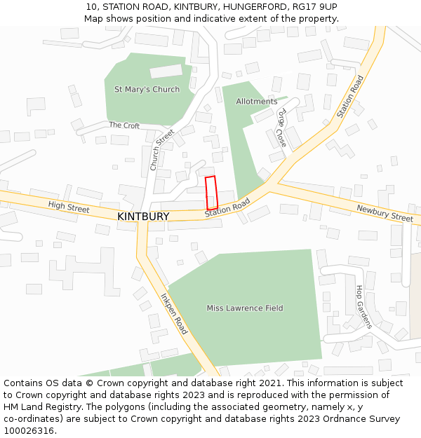 10, STATION ROAD, KINTBURY, HUNGERFORD, RG17 9UP: Location map and indicative extent of plot