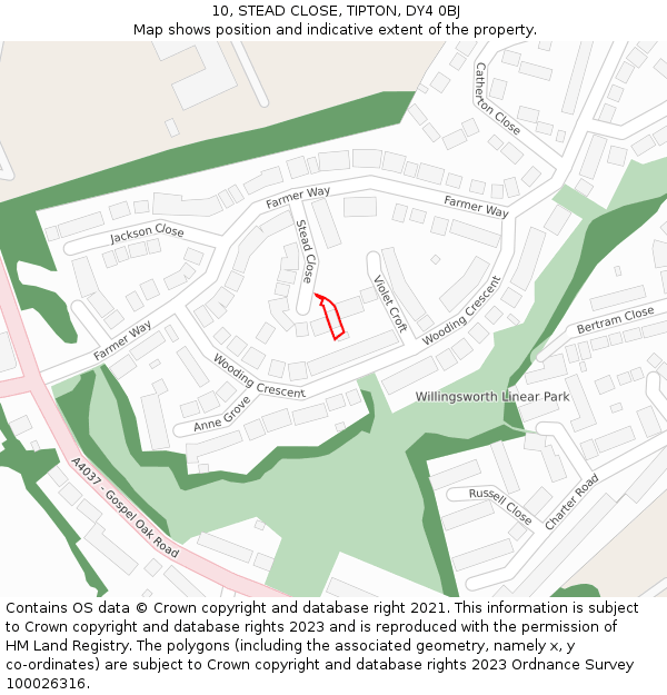 10, STEAD CLOSE, TIPTON, DY4 0BJ: Location map and indicative extent of plot