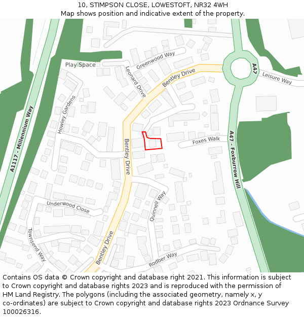 10, STIMPSON CLOSE, LOWESTOFT, NR32 4WH: Location map and indicative extent of plot