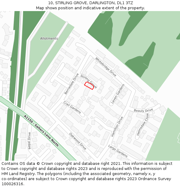 10, STIRLING GROVE, DARLINGTON, DL1 3TZ: Location map and indicative extent of plot