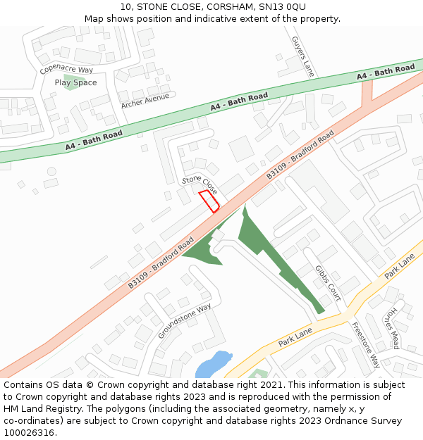 10, STONE CLOSE, CORSHAM, SN13 0QU: Location map and indicative extent of plot
