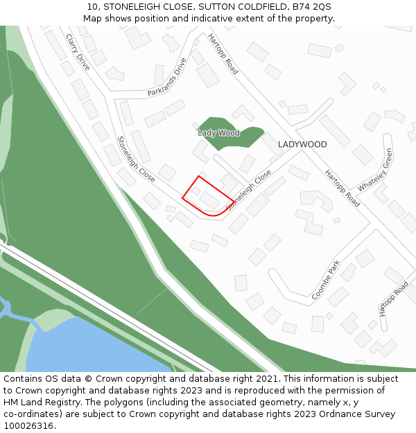10, STONELEIGH CLOSE, SUTTON COLDFIELD, B74 2QS: Location map and indicative extent of plot