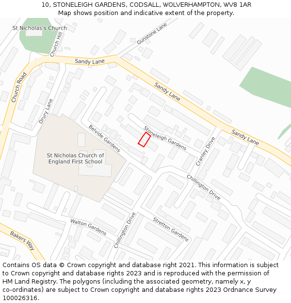 10, STONELEIGH GARDENS, CODSALL, WOLVERHAMPTON, WV8 1AR: Location map and indicative extent of plot