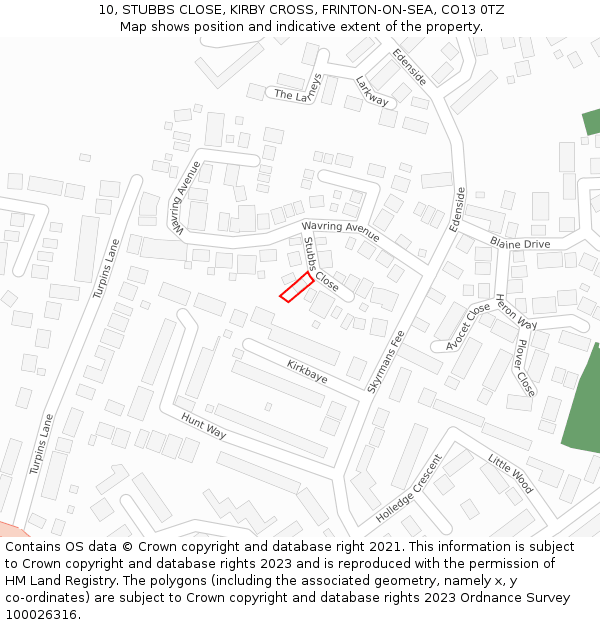 10, STUBBS CLOSE, KIRBY CROSS, FRINTON-ON-SEA, CO13 0TZ: Location map and indicative extent of plot