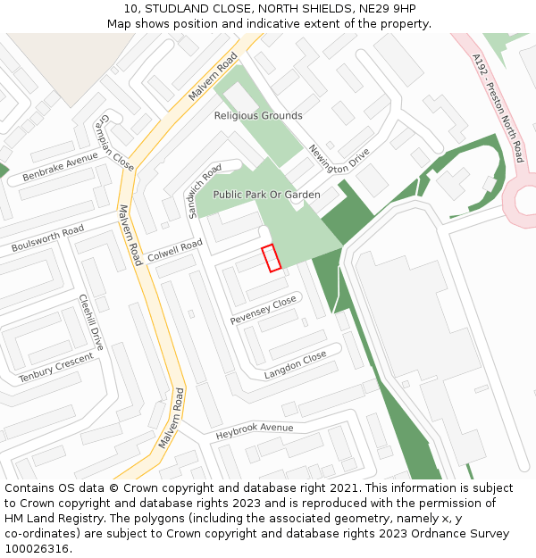 10, STUDLAND CLOSE, NORTH SHIELDS, NE29 9HP: Location map and indicative extent of plot