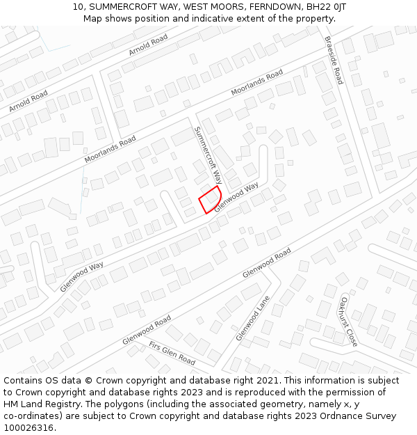 10, SUMMERCROFT WAY, WEST MOORS, FERNDOWN, BH22 0JT: Location map and indicative extent of plot