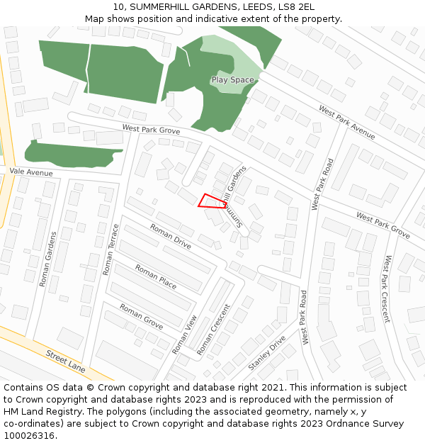 10, SUMMERHILL GARDENS, LEEDS, LS8 2EL: Location map and indicative extent of plot