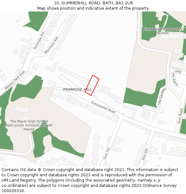 10, SUMMERHILL ROAD, BATH, BA1 2UR: Location map and indicative extent of plot