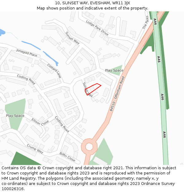 10, SUNSET WAY, EVESHAM, WR11 3JX: Location map and indicative extent of plot