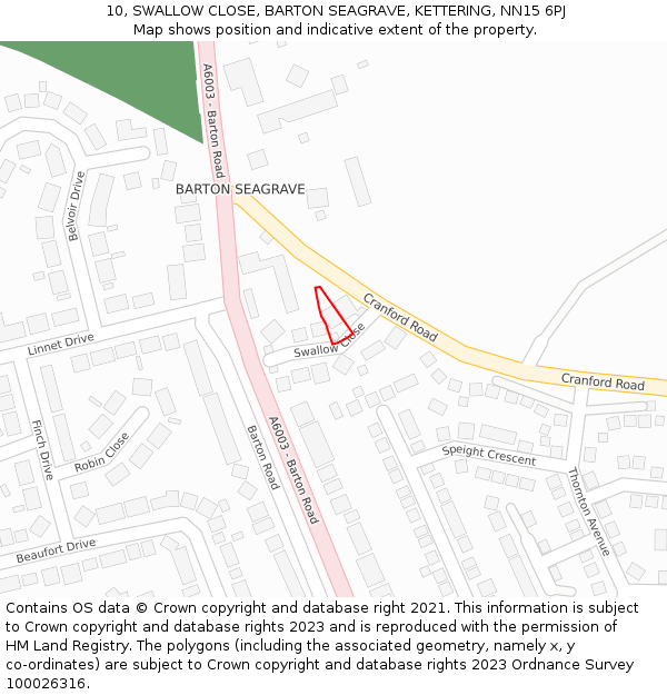 10, SWALLOW CLOSE, BARTON SEAGRAVE, KETTERING, NN15 6PJ: Location map and indicative extent of plot