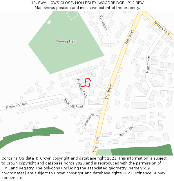 10, SWALLOWS CLOSE, HOLLESLEY, WOODBRIDGE, IP12 3RW: Location map and indicative extent of plot