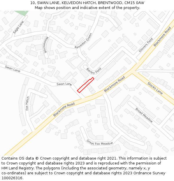 10, SWAN LANE, KELVEDON HATCH, BRENTWOOD, CM15 0AW: Location map and indicative extent of plot