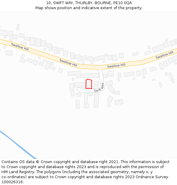 10, SWIFT WAY, THURLBY, BOURNE, PE10 0QA: Location map and indicative extent of plot
