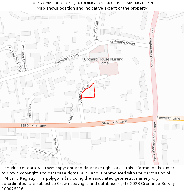 10, SYCAMORE CLOSE, RUDDINGTON, NOTTINGHAM, NG11 6PP: Location map and indicative extent of plot