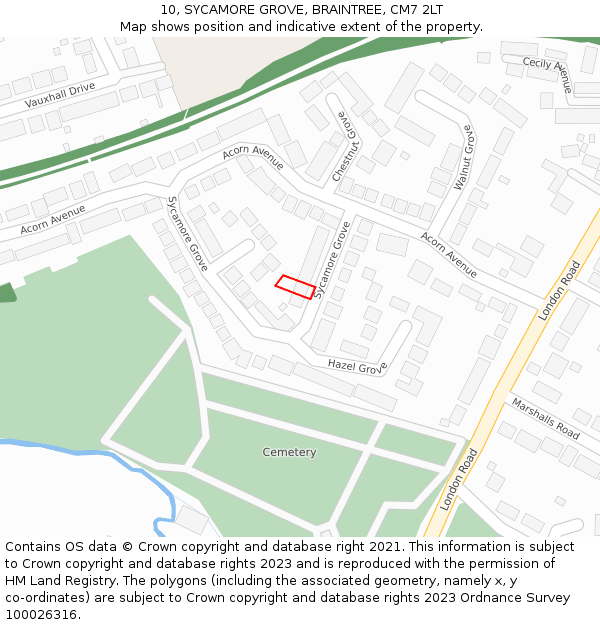 10, SYCAMORE GROVE, BRAINTREE, CM7 2LT: Location map and indicative extent of plot