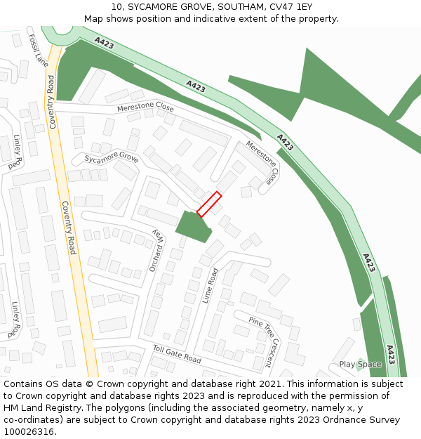 10, SYCAMORE GROVE, SOUTHAM, CV47 1EY: Location map and indicative extent of plot