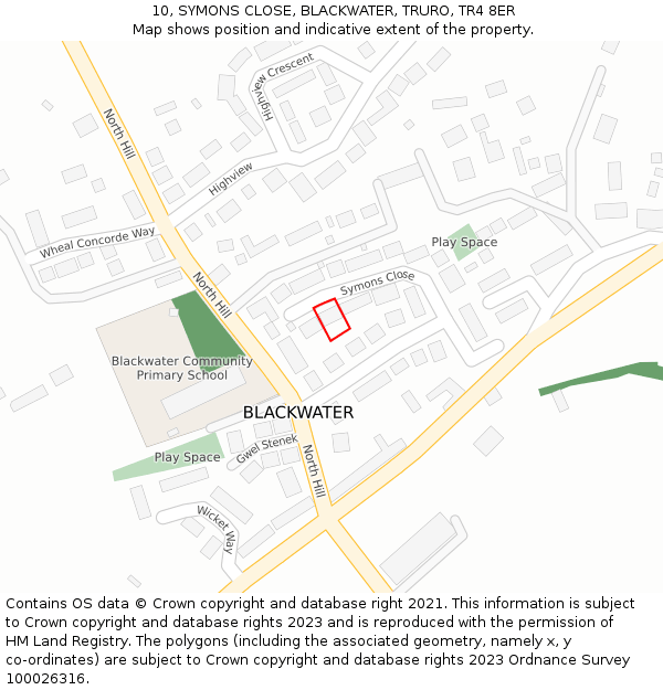 10, SYMONS CLOSE, BLACKWATER, TRURO, TR4 8ER: Location map and indicative extent of plot