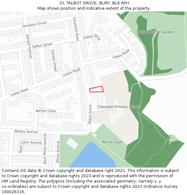 10, TALBOT GROVE, BURY, BL9 6PH: Location map and indicative extent of plot