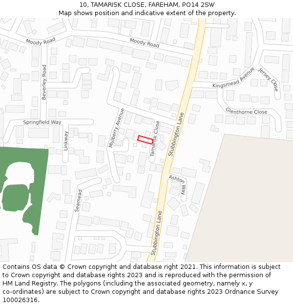 10, TAMARISK CLOSE, FAREHAM, PO14 2SW: Location map and indicative extent of plot