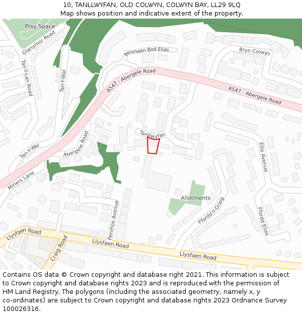 10, TANLLWYFAN, OLD COLWYN, COLWYN BAY, LL29 9LQ: Location map and indicative extent of plot