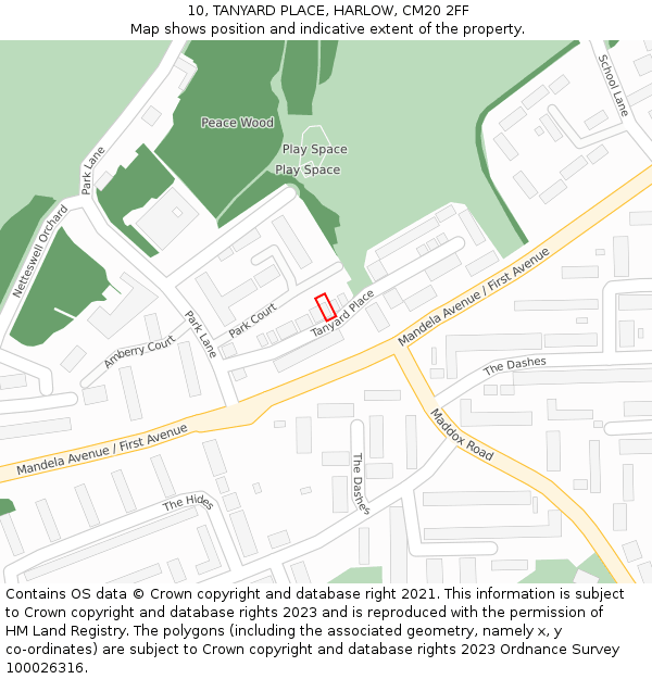 10, TANYARD PLACE, HARLOW, CM20 2FF: Location map and indicative extent of plot