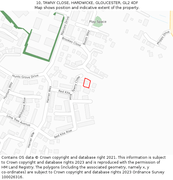 10, TAWNY CLOSE, HARDWICKE, GLOUCESTER, GL2 4DF: Location map and indicative extent of plot