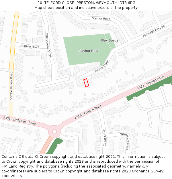 10, TELFORD CLOSE, PRESTON, WEYMOUTH, DT3 6PG: Location map and indicative extent of plot