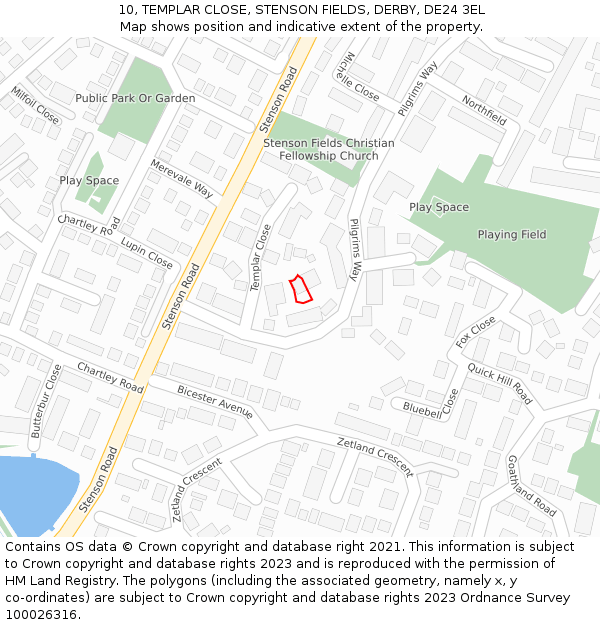 10, TEMPLAR CLOSE, STENSON FIELDS, DERBY, DE24 3EL: Location map and indicative extent of plot
