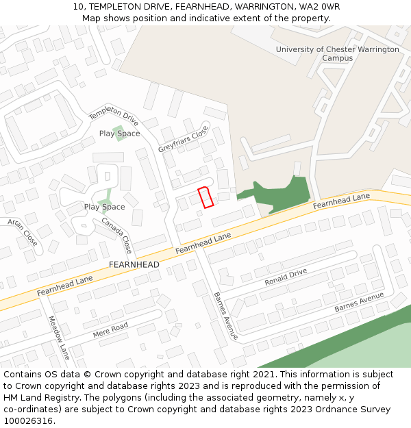 10, TEMPLETON DRIVE, FEARNHEAD, WARRINGTON, WA2 0WR: Location map and indicative extent of plot