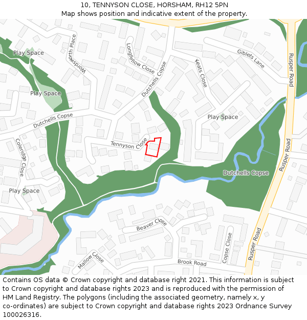 10, TENNYSON CLOSE, HORSHAM, RH12 5PN: Location map and indicative extent of plot