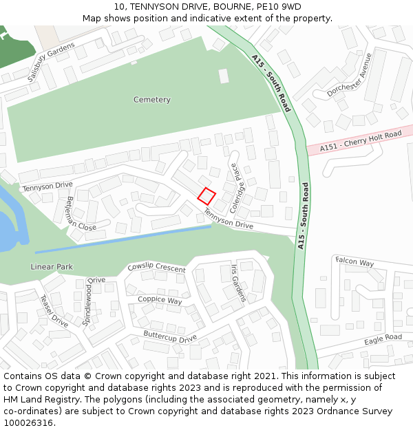 10, TENNYSON DRIVE, BOURNE, PE10 9WD: Location map and indicative extent of plot