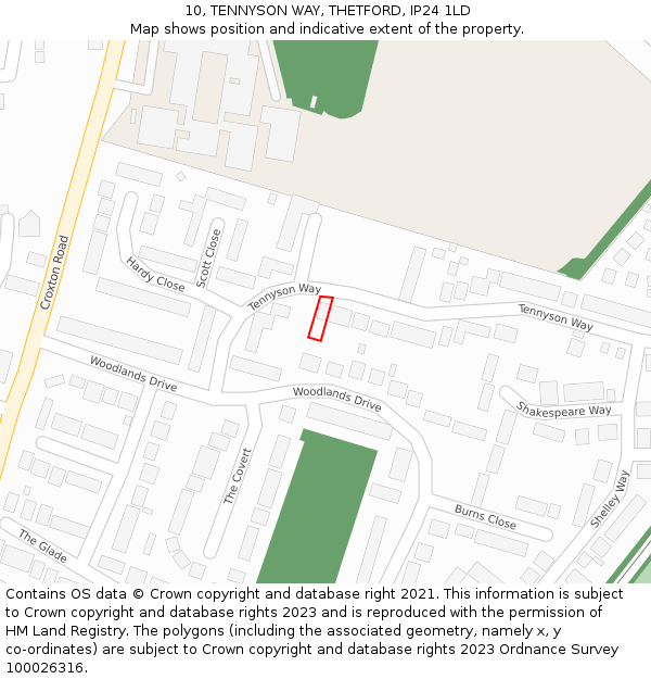 10, TENNYSON WAY, THETFORD, IP24 1LD: Location map and indicative extent of plot