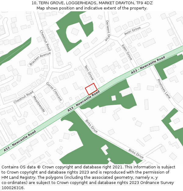 10, TERN GROVE, LOGGERHEADS, MARKET DRAYTON, TF9 4DZ: Location map and indicative extent of plot