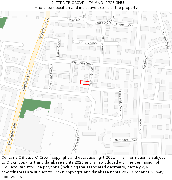 10, TERRIER GROVE, LEYLAND, PR25 3NU: Location map and indicative extent of plot