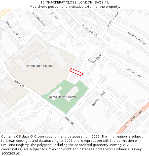 10, THACKERAY CLOSE, LONDON, SW19 4JL: Location map and indicative extent of plot