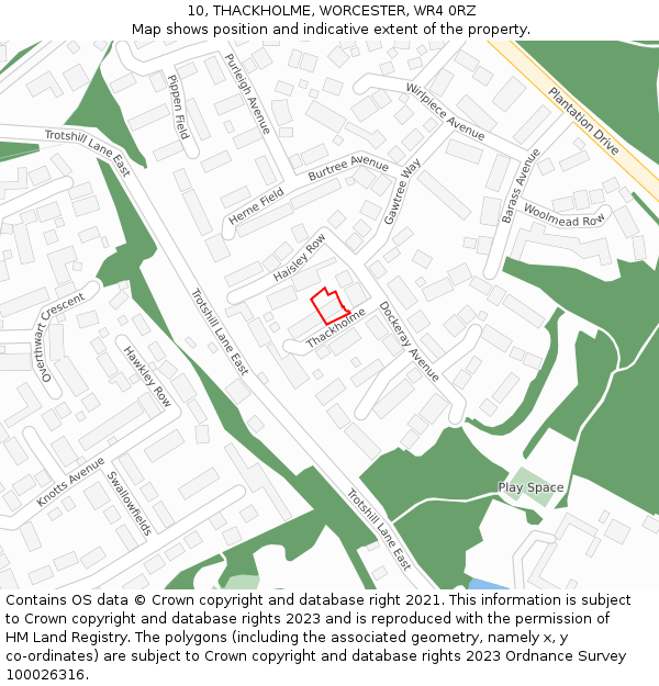 10, THACKHOLME, WORCESTER, WR4 0RZ: Location map and indicative extent of plot