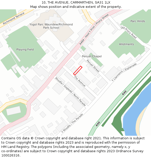 10, THE AVENUE, CARMARTHEN, SA31 1LX: Location map and indicative extent of plot