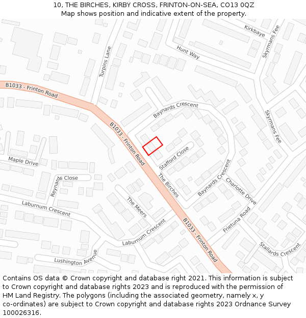 10, THE BIRCHES, KIRBY CROSS, FRINTON-ON-SEA, CO13 0QZ: Location map and indicative extent of plot