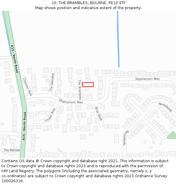 10, THE BRAMBLES, BOURNE, PE10 9TF: Location map and indicative extent of plot