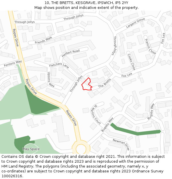 10, THE BRETTS, KESGRAVE, IPSWICH, IP5 2YY: Location map and indicative extent of plot