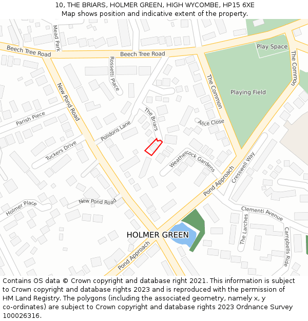 10, THE BRIARS, HOLMER GREEN, HIGH WYCOMBE, HP15 6XE: Location map and indicative extent of plot